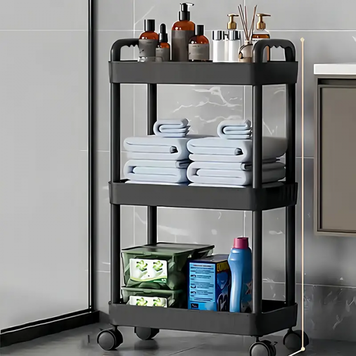 Carucior de depozitare versatil cu 3 niveluri si roti, plastic, Negru