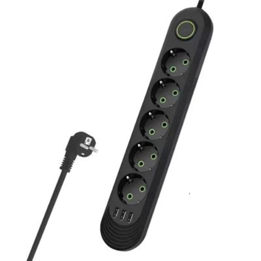 Prelungitor universal cu 5 prize si intrerupator, OPTiM SOLUTiON, 3 porturi USB, cablu de 3 m, negru