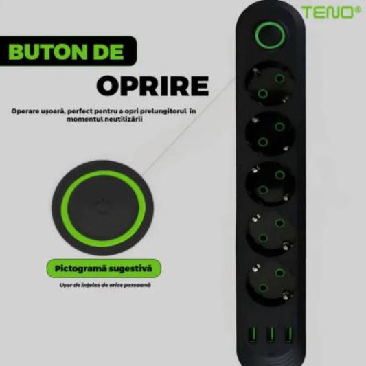 Prelungitor universal cu 5 prize si intrerupator, OPTiM SOLUTiON, 3 porturi USB, cablu de 3 m, negru
