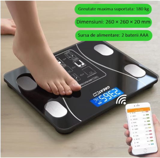 Cantar corporal inteligent Bluetooth cu aplicatie, sticla, afisaj LCD