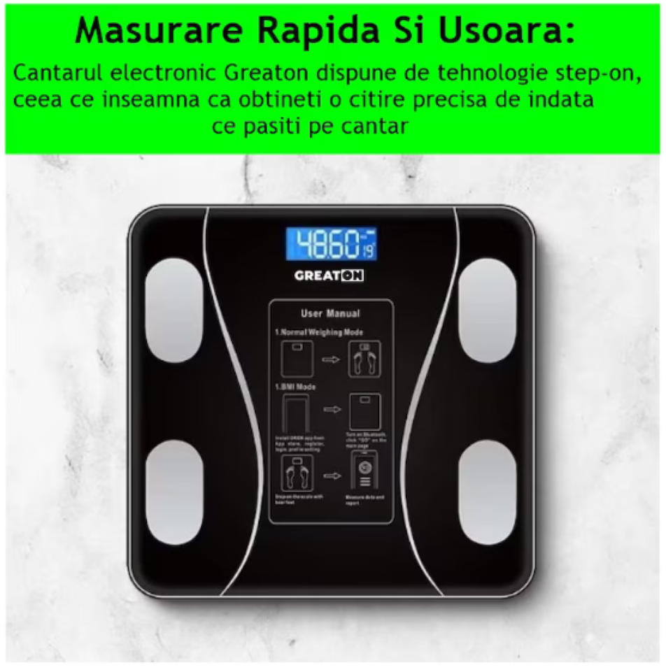 Cantar corporal inteligent Bluetooth cu aplicatie, sticla, afisaj LCD