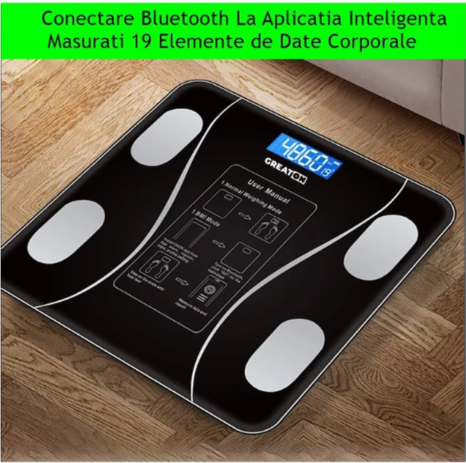 Cantar corporal inteligent Bluetooth cu aplicatie, sticla, afisaj LCD