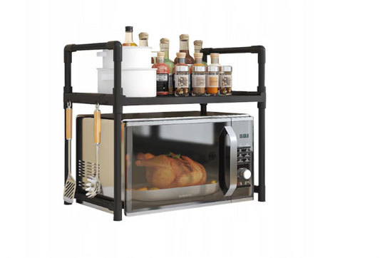 Raft organizator pentru cuptor microunde, cu agatatori, plastic rezistent, 49x48x32 cm, negru